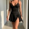 Black Ribbed Double-Strap Swim Dress