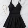 Black Ribbed Double-Strap Swim Dress