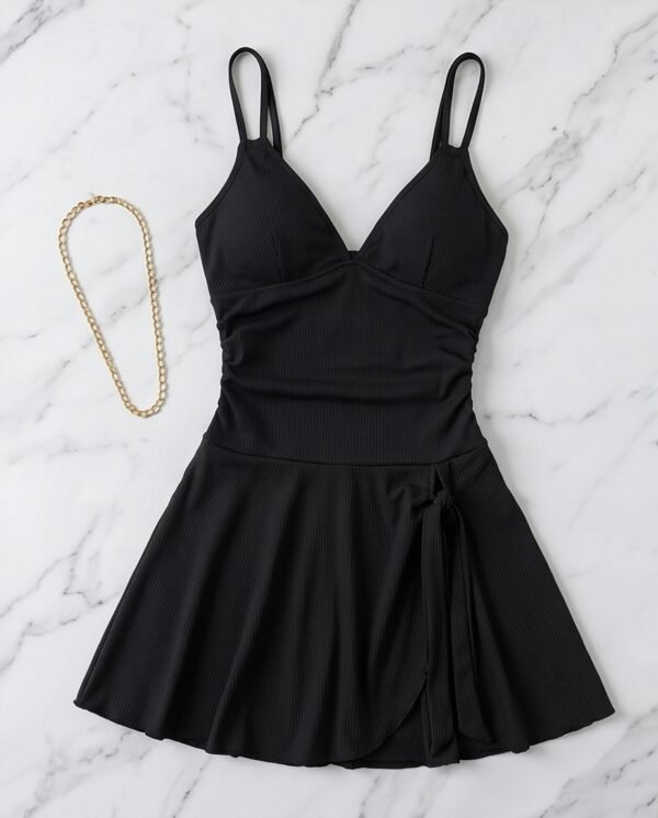 Black Ribbed Double-Strap Swim Dress