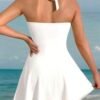 White Halter Ruched Swim Dress