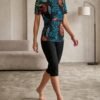 Tropical Print Rash Guard & Black Leggings Swim Set
