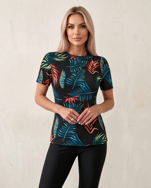 Tropical Print Rash Guard & Black Leggings Swim Set