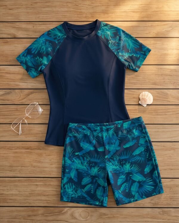 Navy Tropical Raglan Rash Guard Swim Set