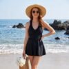 BS-SWM-039_1 Black Ruffle Halter Swim Dress