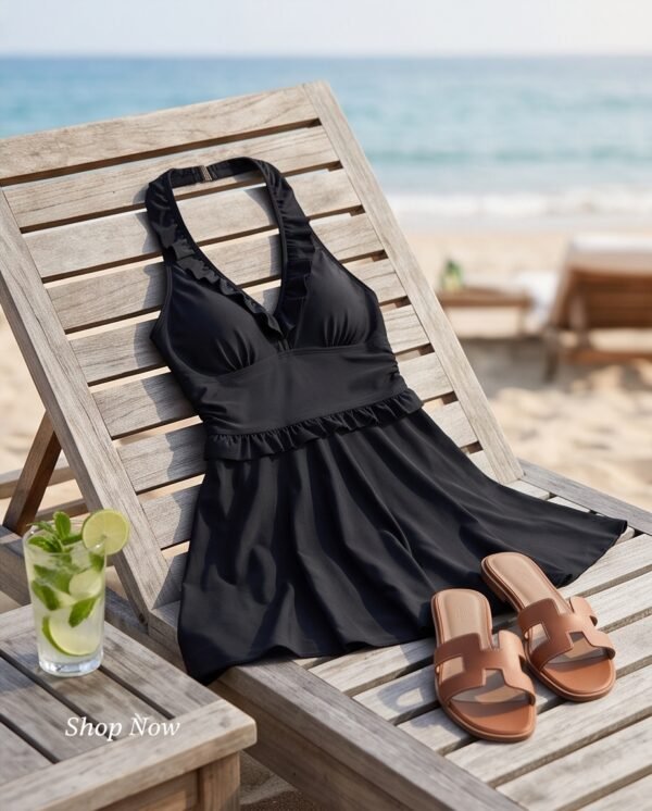 BS-SWM-039_4 Black Ruffle Halter Swim Dress