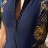 Navy Gold Leaf Print Zip-Front Romper Swimsuit