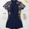 Navy Gold Leaf Print Zip-Front Romper Swimsuit