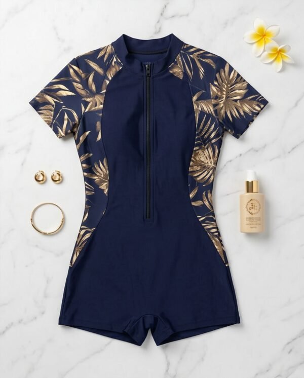 Navy Gold Leaf Print Zip-Front Romper Swimsuit