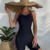Black Racerback Boyleg Swimsuit with Pink Print Panels