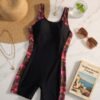 Black Racerback Boyleg Swimsuit with Pink Print Panels