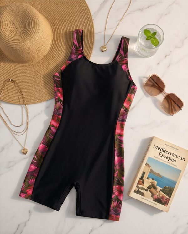 Black Racerback Boyleg Swimsuit with Pink Print Panels