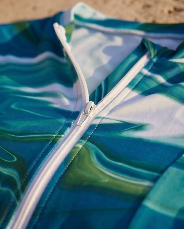 Teal Marble Print Zip-Front Swim Set