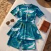 Teal Marble Print Zip-Front Swim Set