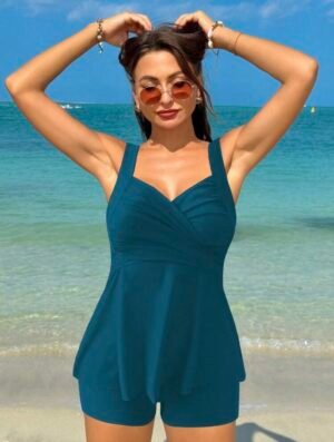 BS-SWM-045_1 Teal Wrap-Front Tankini with Shorts