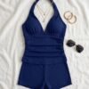 Navy Halter Tankini with Shorts