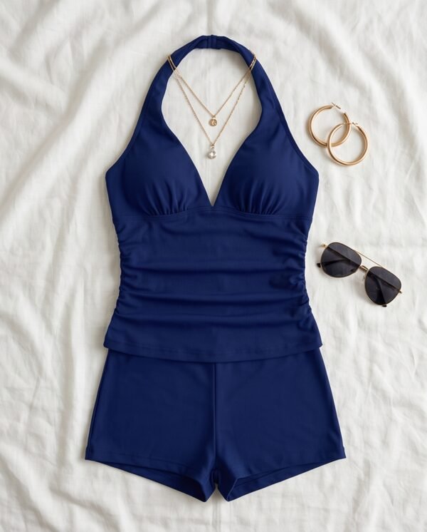 Navy Halter Tankini with Shorts