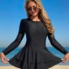 BS-SWM-049_1 Black Long-Sleeve Zip-Front Ruffle Swim Dress