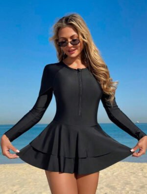 Black Long-Sleeve Zip-Front Ruffle Swim Dress