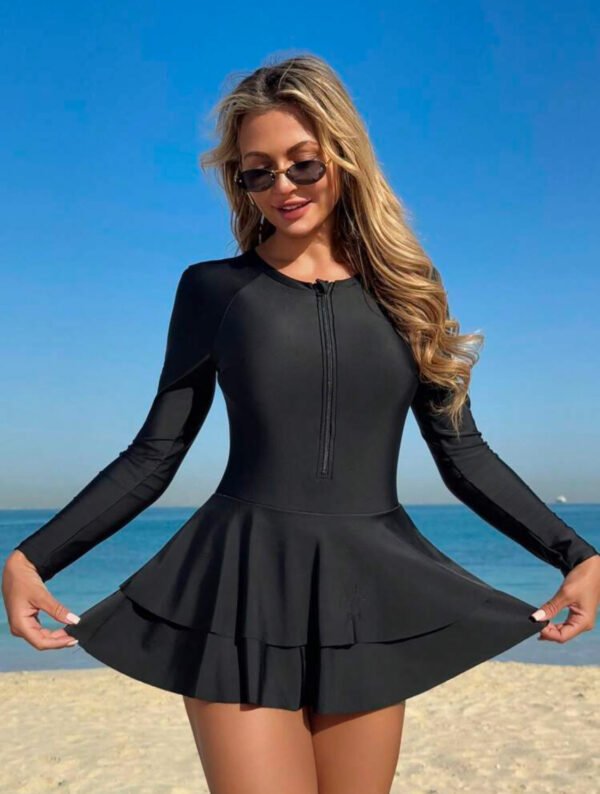 BS-SWM-049_1 Black Long-Sleeve Zip-Front Ruffle Swim Dress