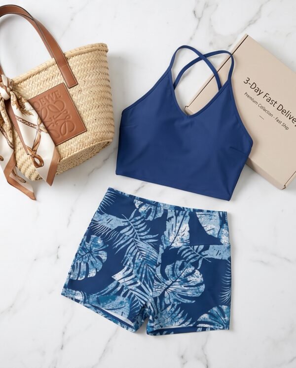 Navy Halter Top & Tropical Print Shorts Swim Set