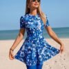 BS-SWM-053_1 Blue Floral Print Swim Dress with Leggings