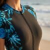 BS-SWM-054_2 Black Tropical Print Zip-Front Swim Dress