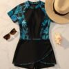 BS-SWM-054_4 Black Tropical Print Zip-Front Swim Dress