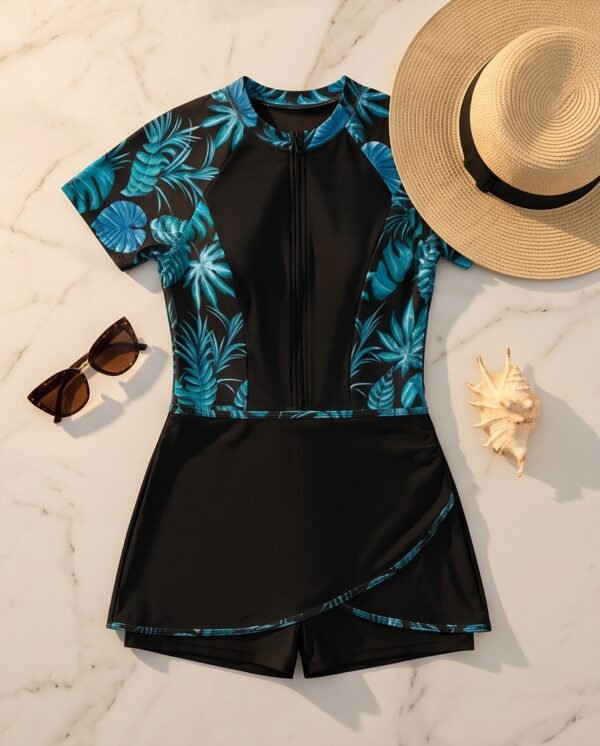 BS-SWM-054_4 Black Tropical Print Zip-Front Swim Dress