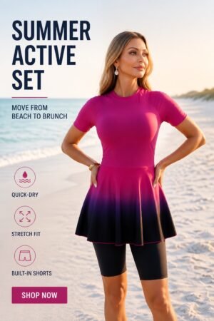 BS-SWM-055_1 Pink Ombre Swim Dress with Leggings