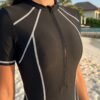 Black Half-Zip Contour Seam Knee-Length Swimsuit