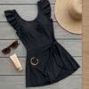 Black Ruffle Sleeve Wrap-Tie Swim Dress