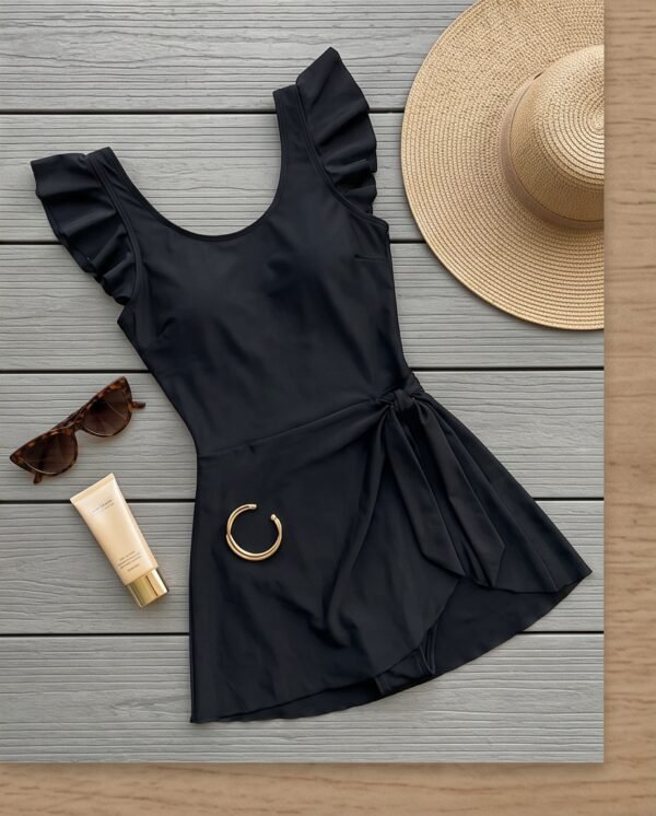 Black Ruffle Sleeve Wrap-Tie Swim Dress