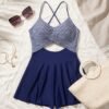 Navy Striped Twist Bodice Swim Dress