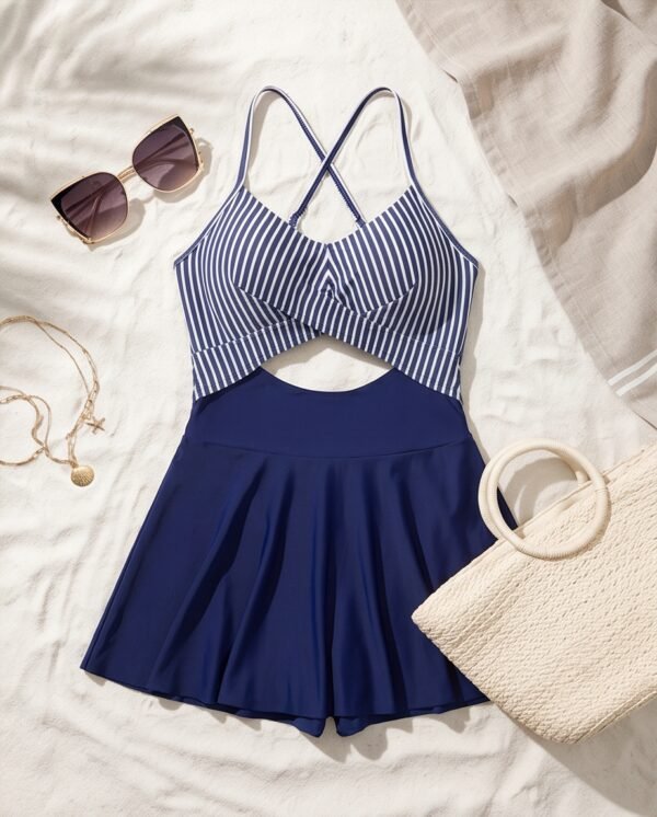 Navy Striped Twist Bodice Swim Dress