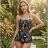 Black Tropical Print Halter Tankini Dress