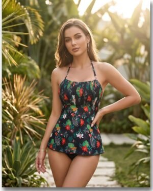 Black Tropical Print Halter Tankini Dress