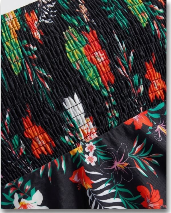 Black Tropical Print Halter Tankini Dress