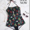 Black Tropical Print Halter Tankini Dress