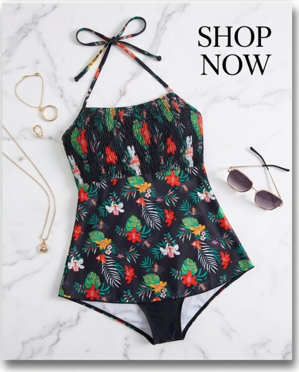 Black Tropical Print Halter Tankini Dress