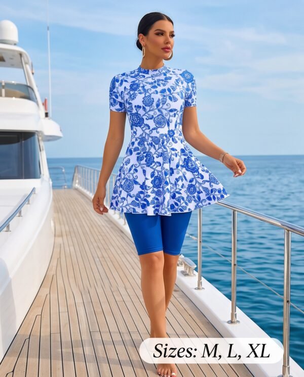 BS-SWM-063_3 Blue Porcelain Floral Print Swim Set with Leggings