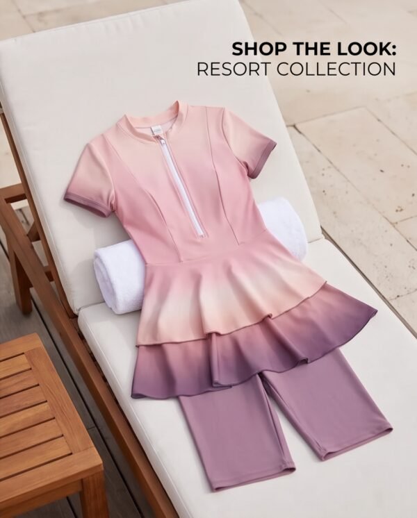 Pink to Mauve Ombre Peplum Swim Set with Leggings