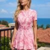 BS-SWM-067_1 Pink Tropical Leaf Print Peplum Swim Set with Leggings