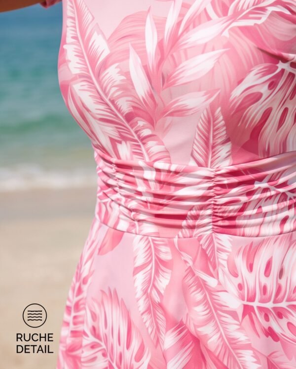 BS-SWM-067_2 Pink Tropical Leaf Print Peplum Swim Set with Leggings