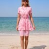 BS-SWM-067_3 Pink Tropical Leaf Print Peplum Swim Set with Leggings