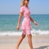 BS-SWM-067_4 Pink Tropical Leaf Print Peplum Swim Set with Leggings