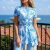 Blue Palm Leaf Print Peplum Swim Set with Leggings