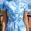 Blue Palm Leaf Print Peplum Swim Set with Leggings