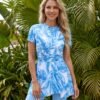 Blue Palm Leaf Print Peplum Swim Set with Leggings
