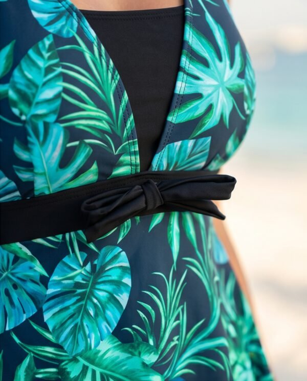 Green Tropical Print Wrap-Tie Tankini Swim Dress