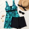 Green Tropical Print Wrap-Tie Tankini Swim Dress